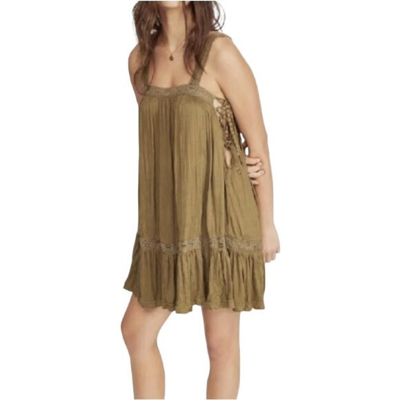 Free People Top Womens Small Green Boho Babydoll Tunic Tank Crinkle Lace Trim - Picture 13 of 13